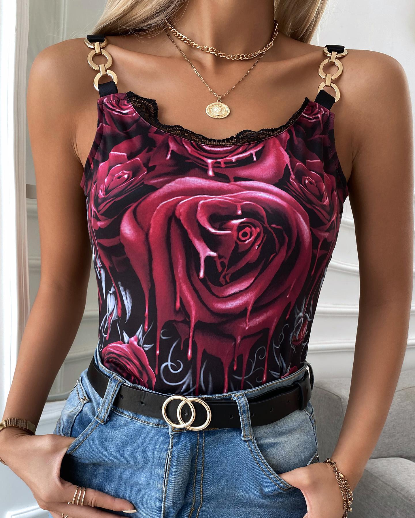 

Rose Print Strap Sleeveless Slim Tanks, Black