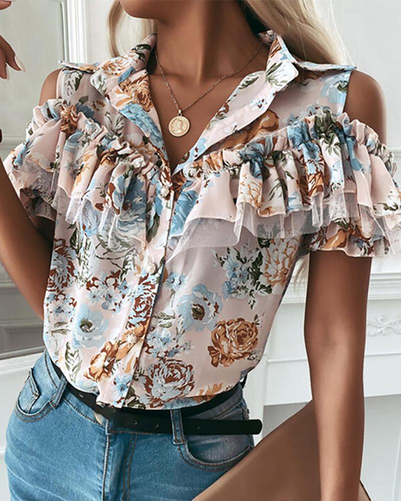 

Cold Shoulder Floral Print Ruffles Buttoned Top, Blue