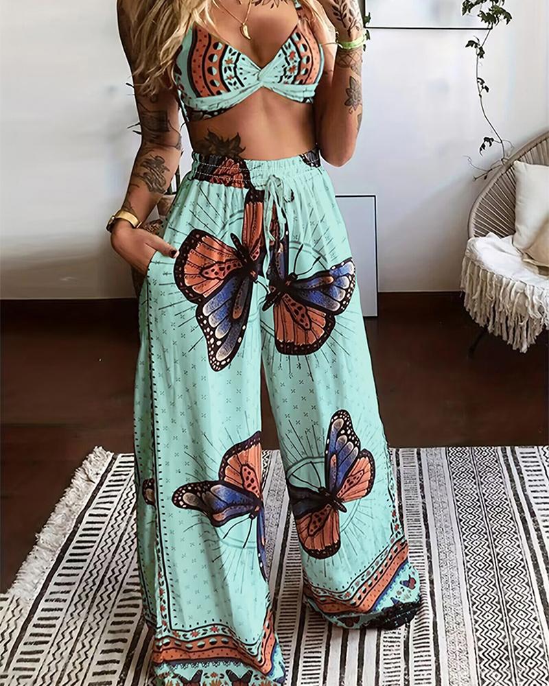 

Butterfly Geometric Print Twisted Crop Top & Pocket Design Pants Set, Lighted blue