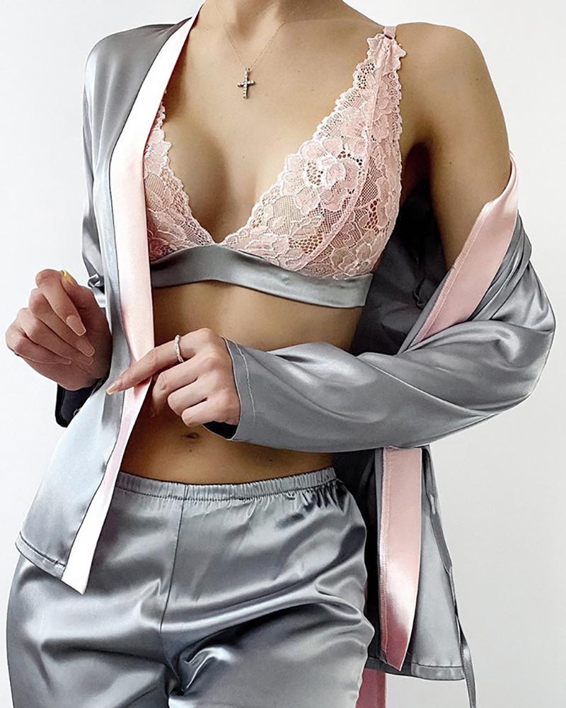 

Satin Robe & Lounge Pants Set With Crochet Lace Bralette, Pink