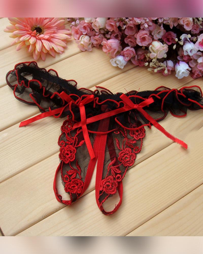 

Mesh Lace Splicing Bow Low Waist Panties, Red