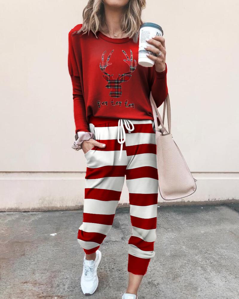 Conjunto de pantalón con cordón y top con estampado de alces navideños