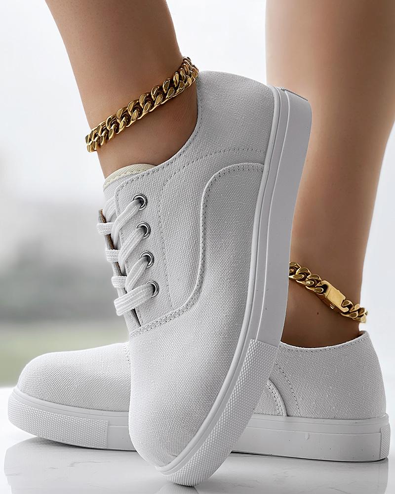 

Round Toe Eyelet Lace-up Canvas Sneakers, White