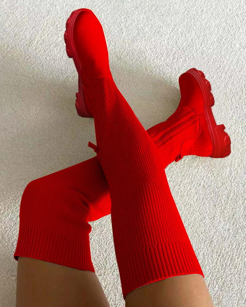 

Plain Zipper Decor Knit Knee High Boots, Red