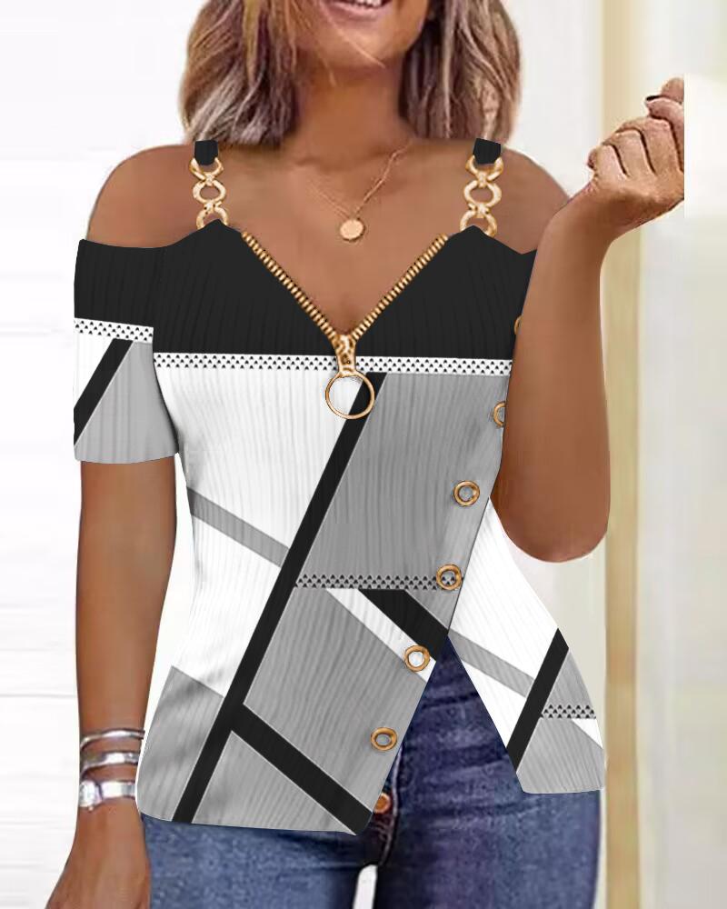 

Geometric Print Cold Shoulder Top, Gray