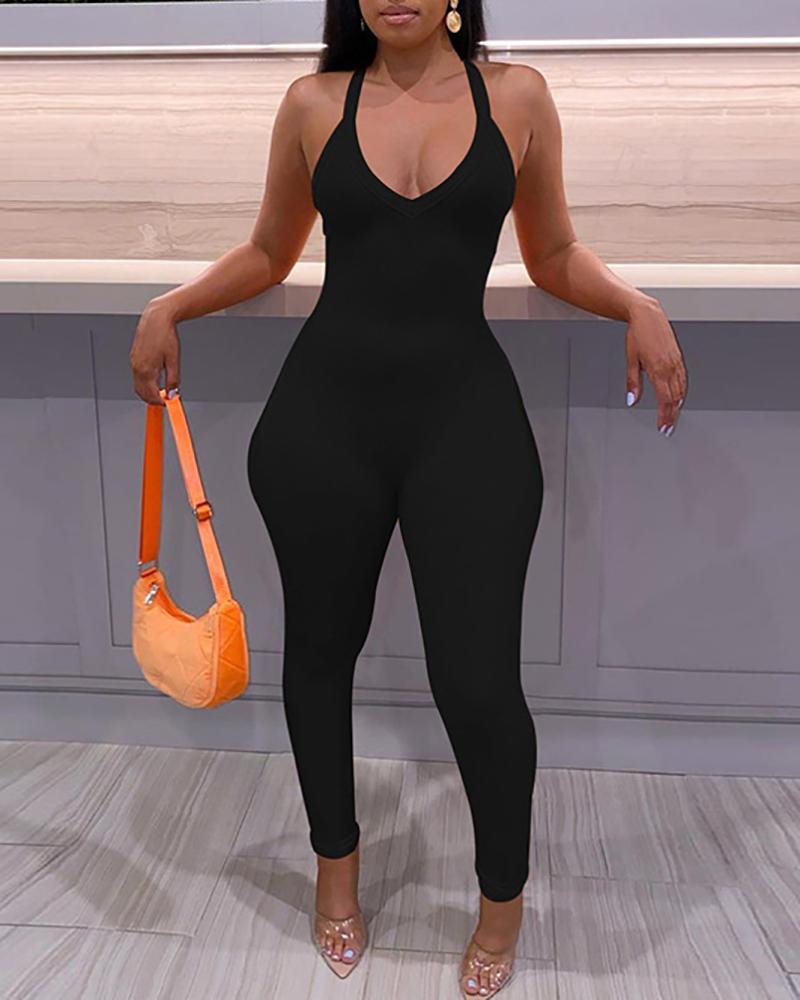 

V Neck Crisscross Backless Skinny Jumpsuit, Black