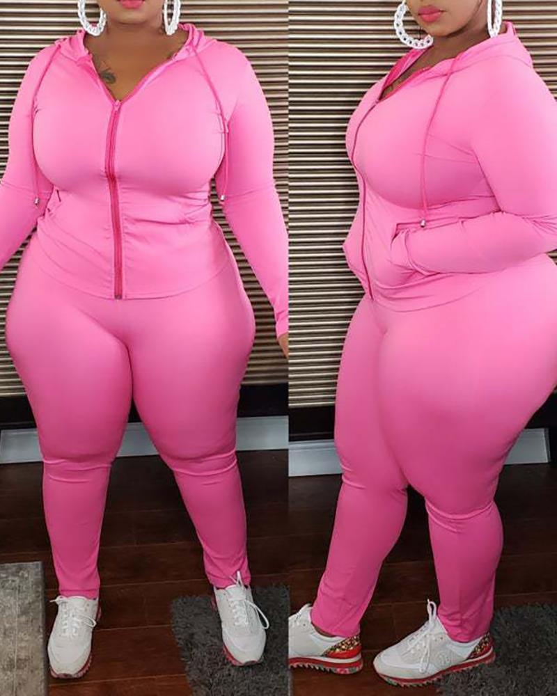 

Plain Zipper Design Top & Pants Set, Pink