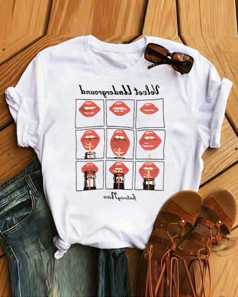 

Lip & Letter Print Short Sleeve T-Shirt, White