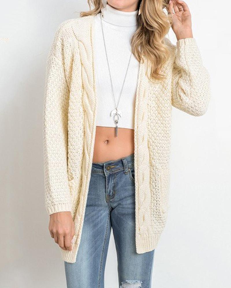 

Plus Size Long Sleeve Open Front Cable Knit Cardigan, Beige