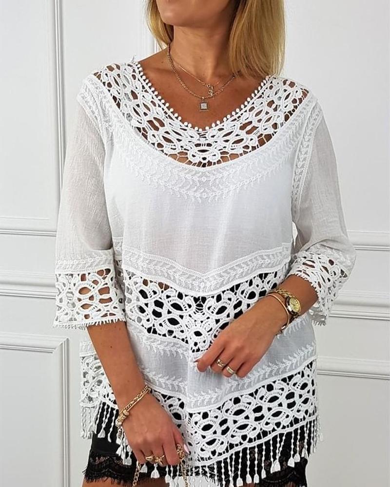 

Lace Patch Tassel Design Pom Pom Top, White