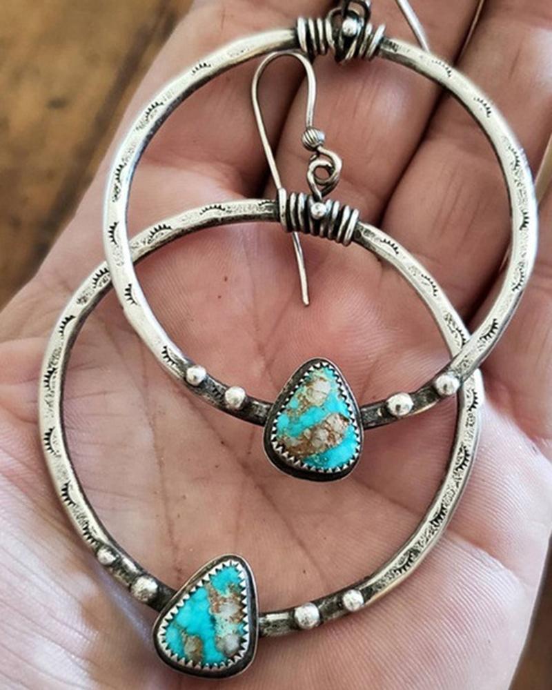 

1Pair Bohemian Turquoise Hoop Earrings, Silver