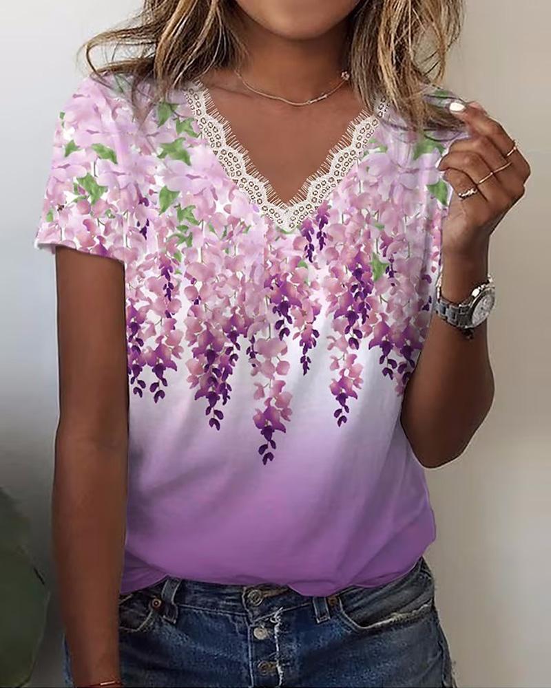 

Plants Print Lace Trim Casual T-shirt, Pink