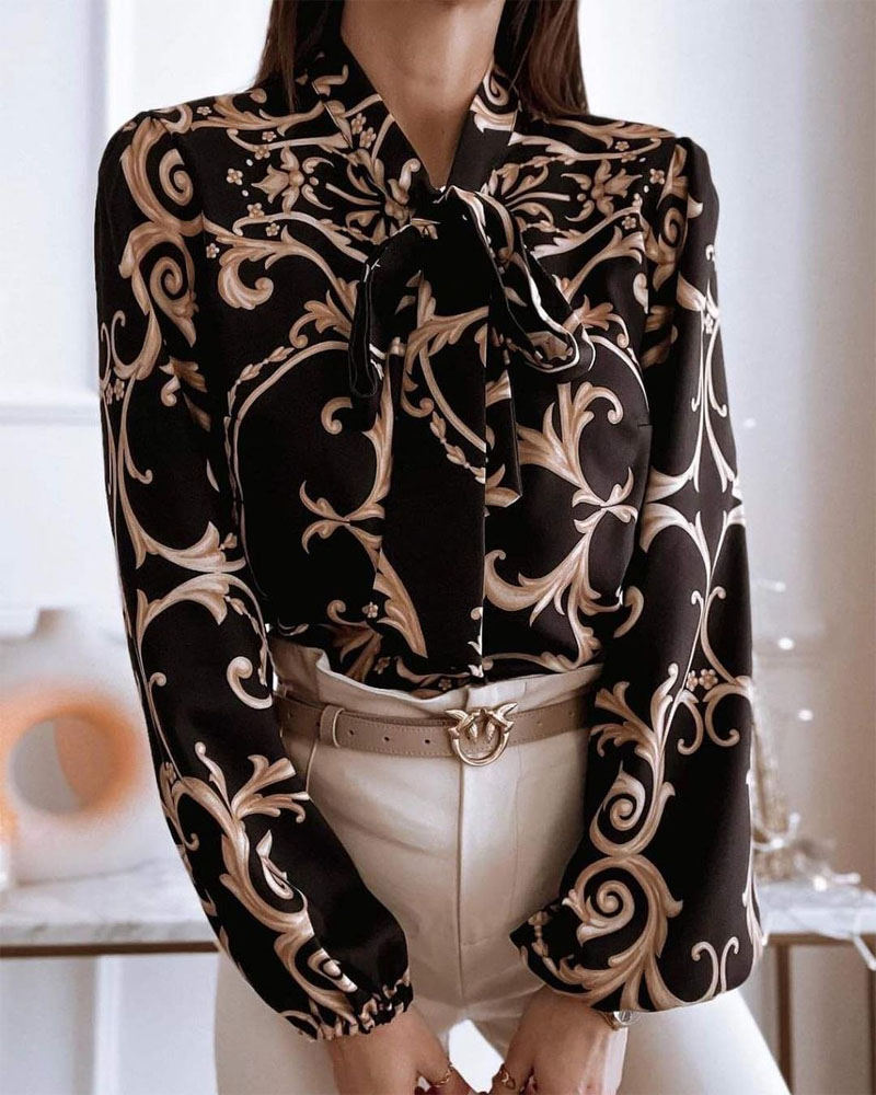 

Baroque Print Lantern Sleeve Top, Black