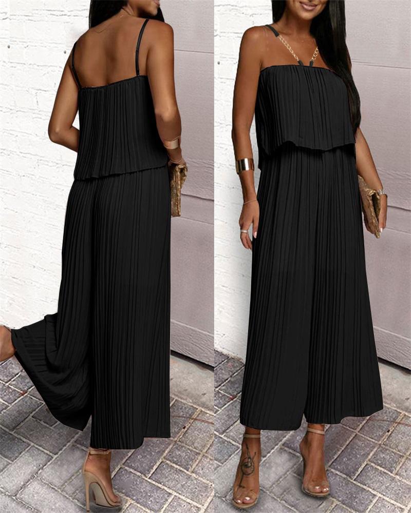 

Chain Strap Pleated Wide Leg Jumpsuit, Black