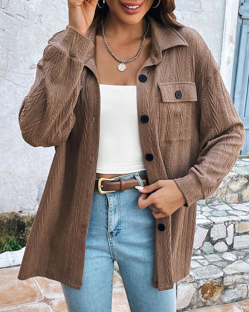 

Buttoned Long Sleeve Cable Knit Shirt, Coffee