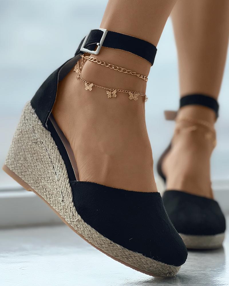 

Ankle Strap Buckled Espadrilles Wedge Sandals, Black