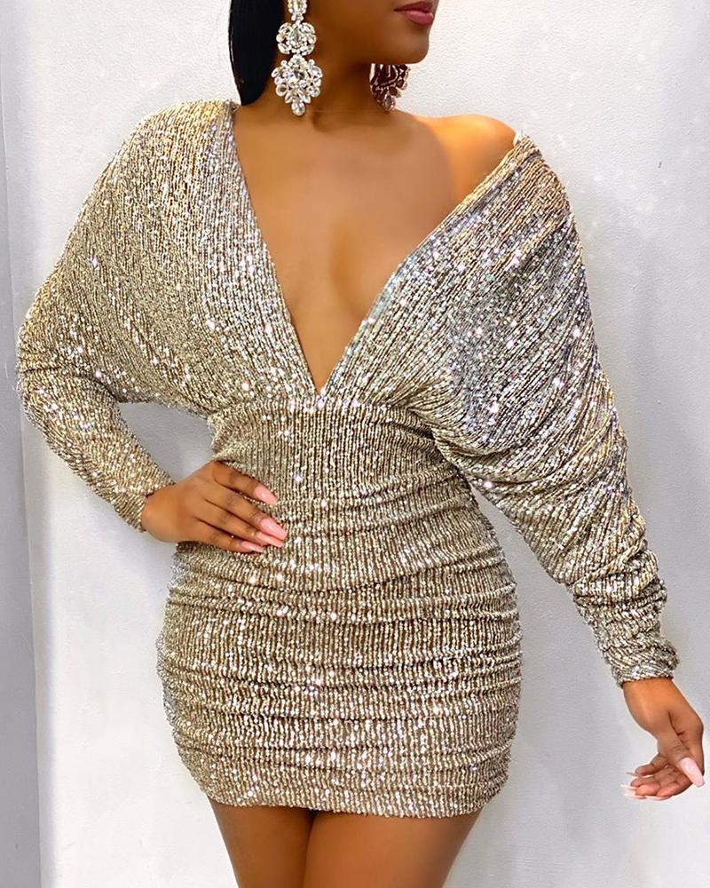 

Ruched V-Neck Backless Bodycon Sequin Dress, Champagne