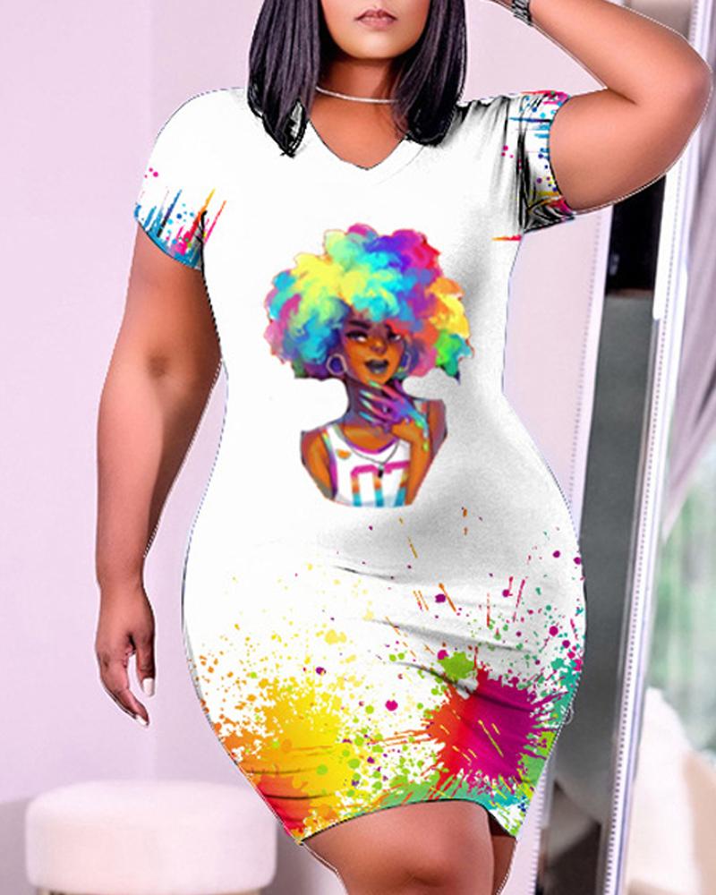 

Ink Splash Figure Print Short Sleeve Casual Dress, White