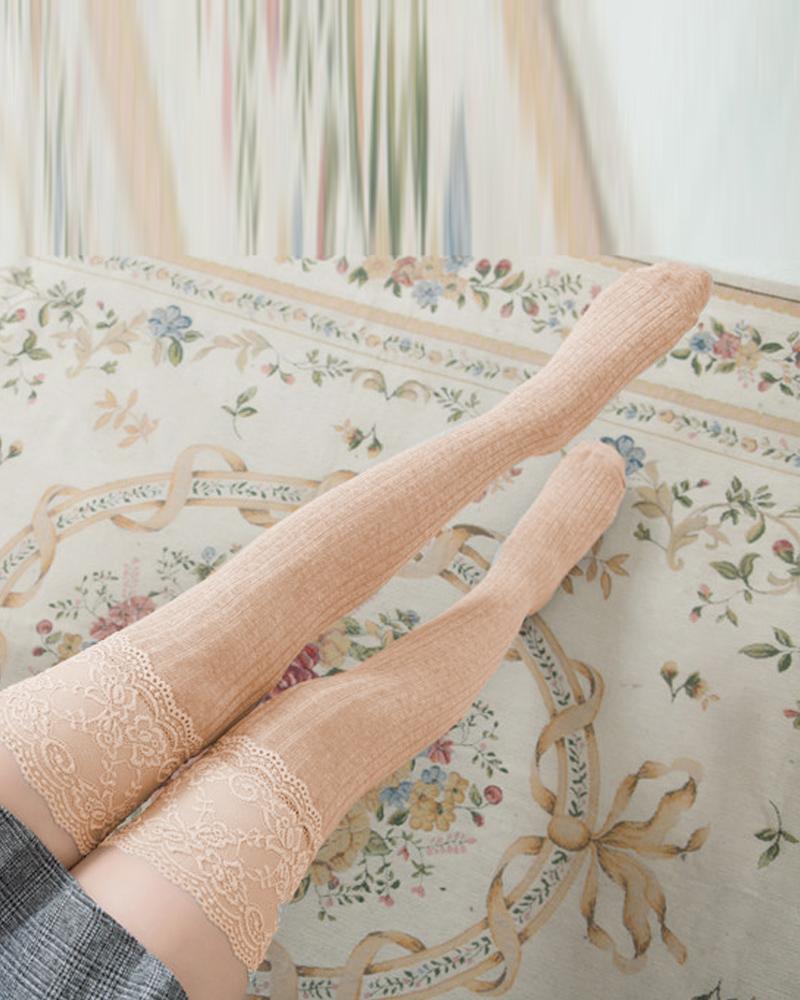 

Contrast Lace Leg Warmers Over Knee Thigh High Socks, Khaki