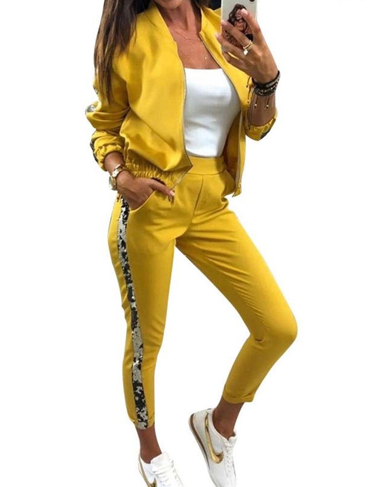 

Stitching Sequins Long Sleeve Suit Sets, Yellow