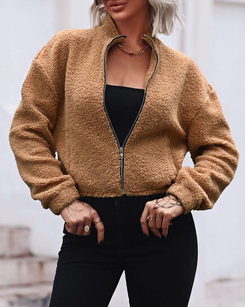 

Long Sleeve Zipper Up Crop Teddy Coat, Khaki