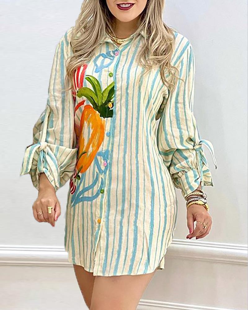 

Striped Graphic Print Lantern Sleeve Shirt Dress, Beige