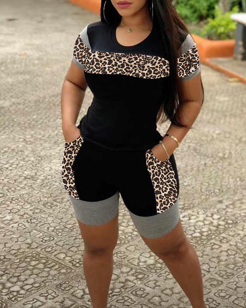 

Cheetah Print Colorblock & Pocket Design Shorts Set, Black