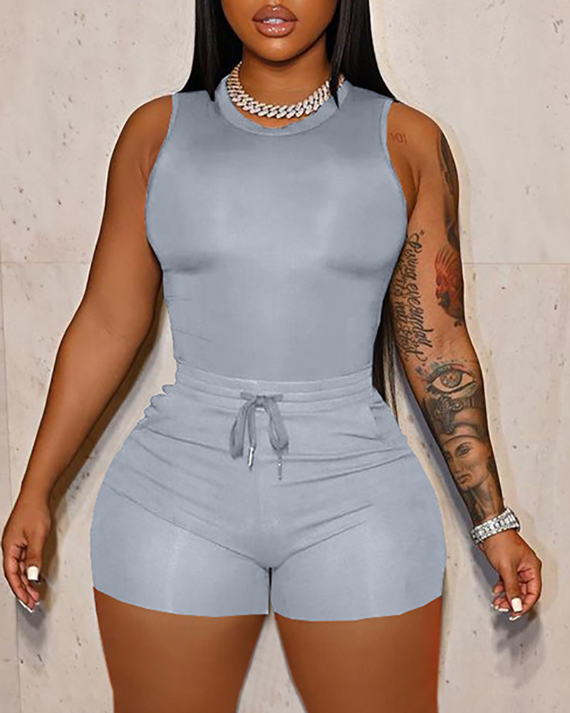 

Plus Size Basic Tank Top & Drawstring Shorts Set, Gray