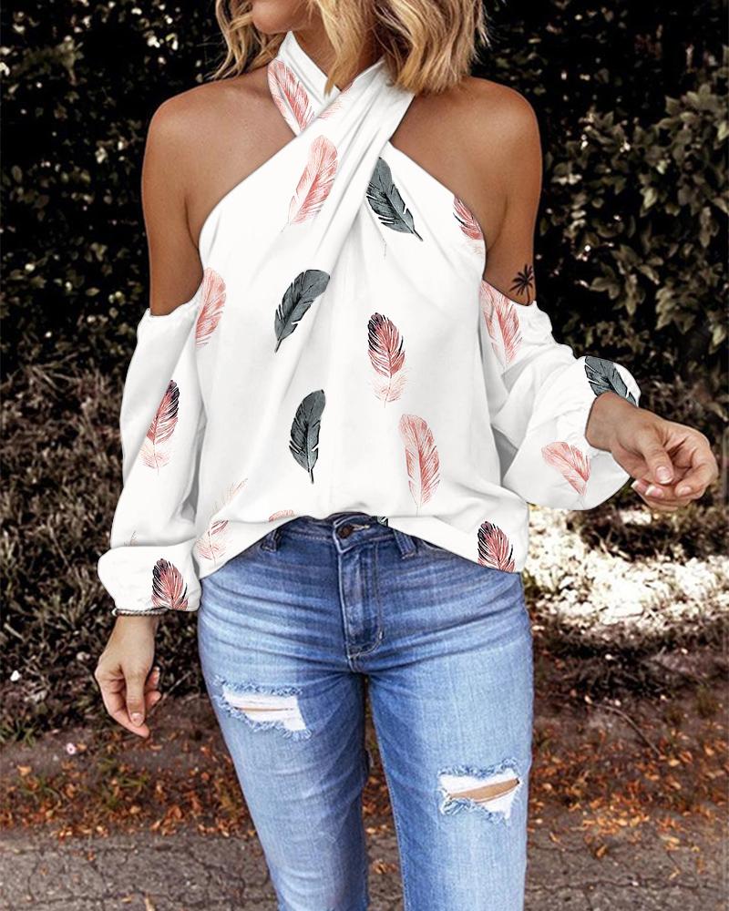 

Feather Print Crisscross Halter Cold Shoulder Top, White