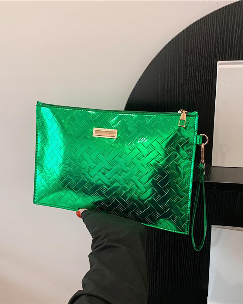 

Geometric Pattern Metallic Envelop Clutch Bag, Green