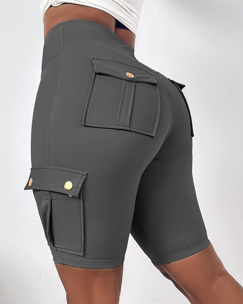 

Short de sport pour le contrôle du ventre et le levage des fesses, taille haute, avec poches à rabat, pour entraînement, bermuda cargo, pour la course à pied, Gray