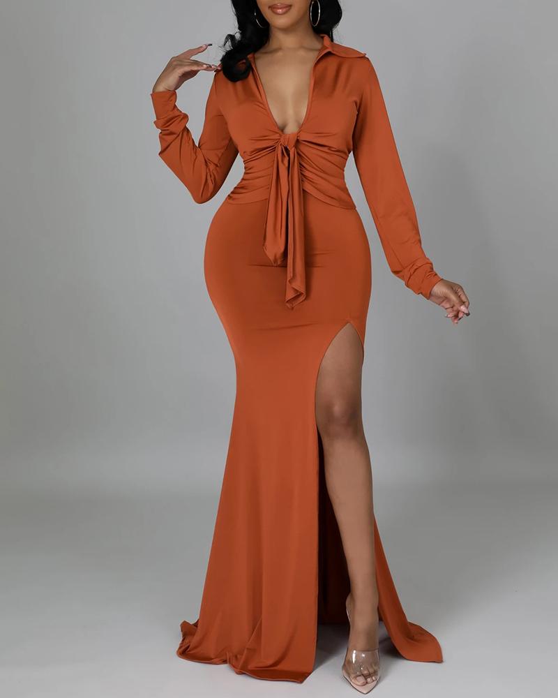 

Tied Detail Top & High Waist Slit Skirt Set, Orange