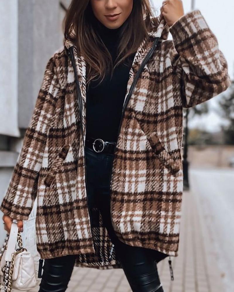

Plaid Print Drawstring Hooded Zipper Pocket Design Shacket, Brown