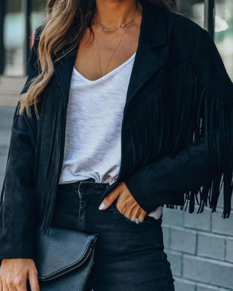 

Tassel Decor Long Sleeve Suede Jacket, Black