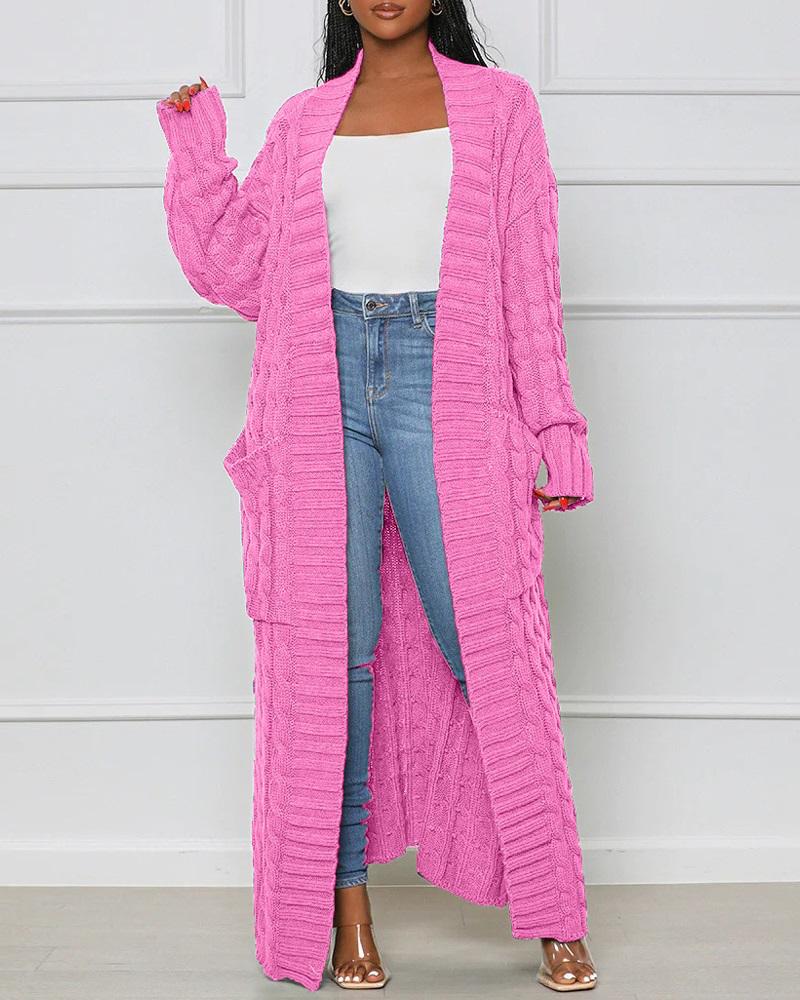 

Open Front Cable Knit Longline Cardigan, Pink