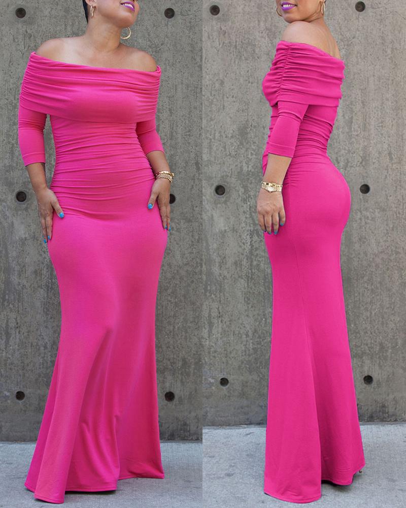 

Off Shoulder Ruched Maxi Dress, Hot pink