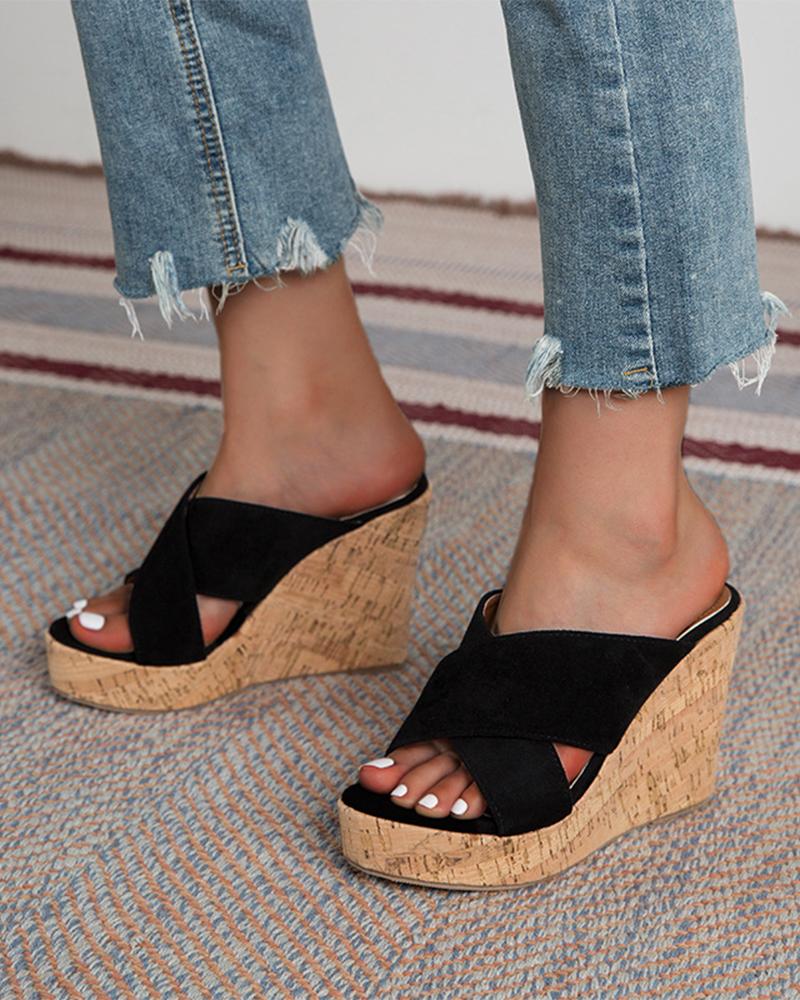 

Solid Open-toe Cut-out Patch Wedge Shoes, Black