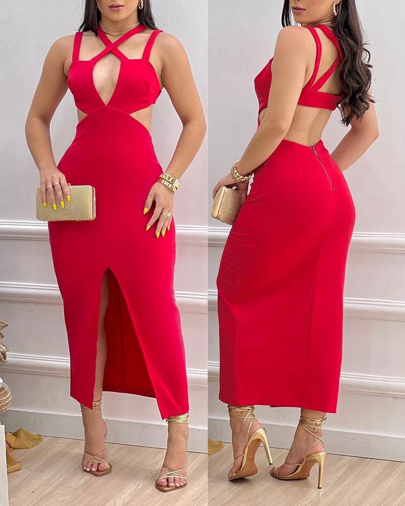 

Crisscross Cutout Backless Split Thigh Party Dress, Red