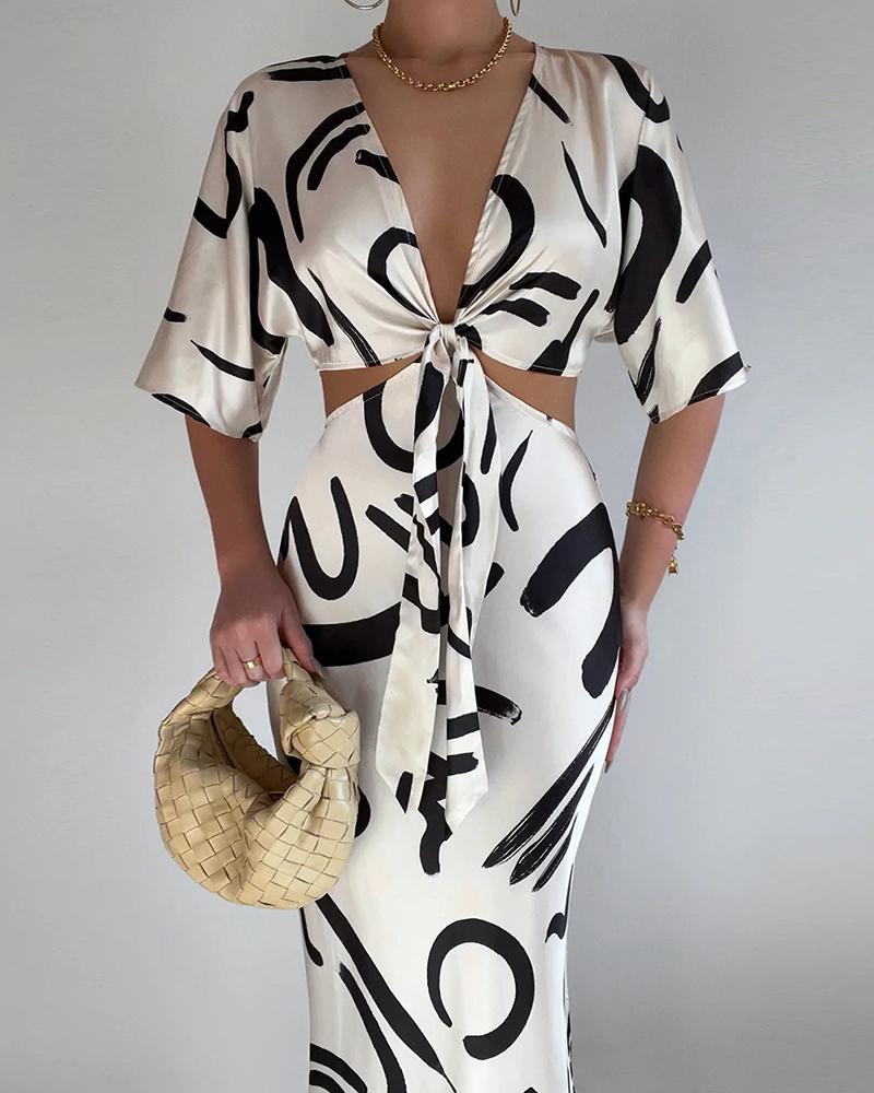 

Tied Detail Cutout Allover Print Dress, Apricot