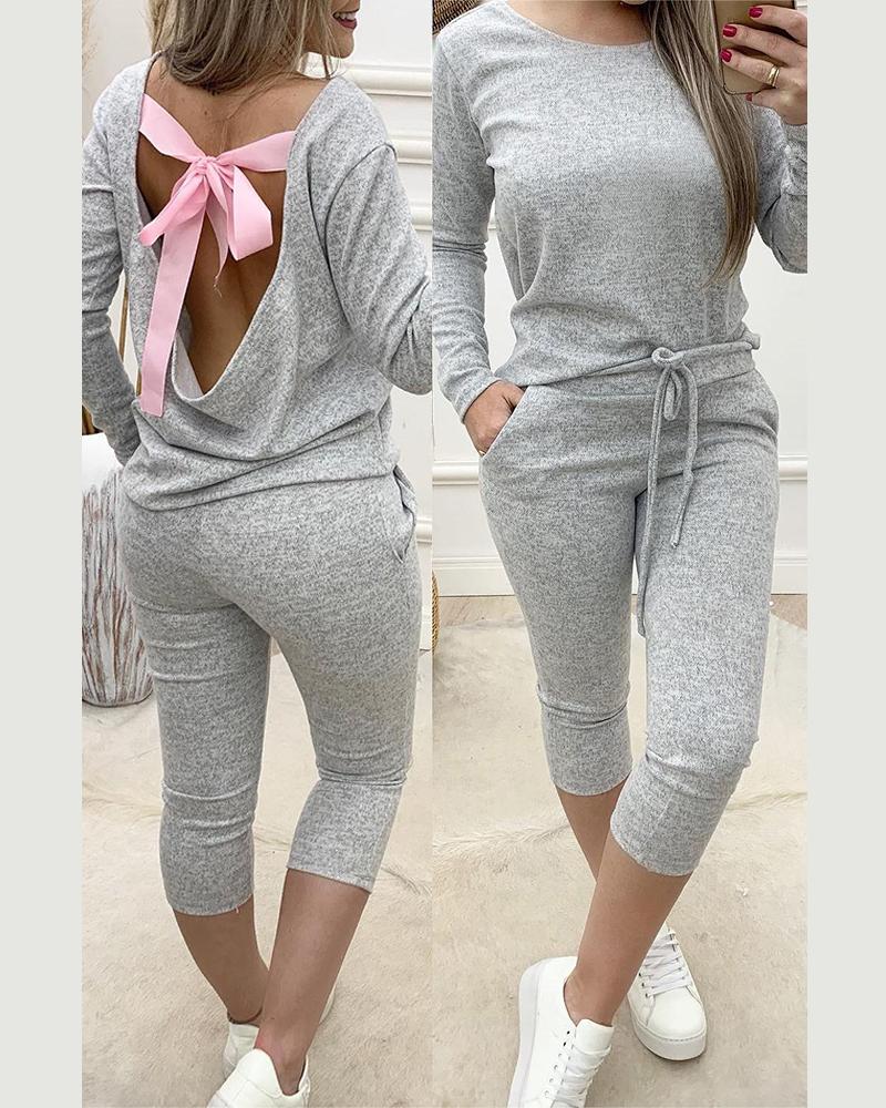 

Tied Detail Long Sleeve Top & Drawstring Capris Pants Set, Gray