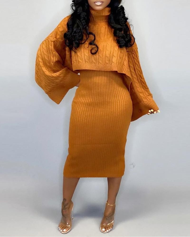 

Solid High Neck Ribbed Sweater & Thin Strap Dress Sets, Orange