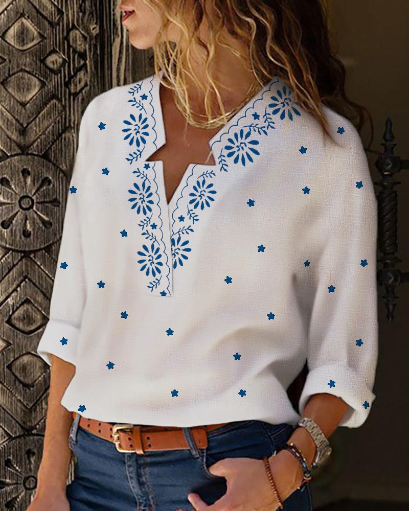 

Floral Print V-Neck Long Sleeve Blouse, White