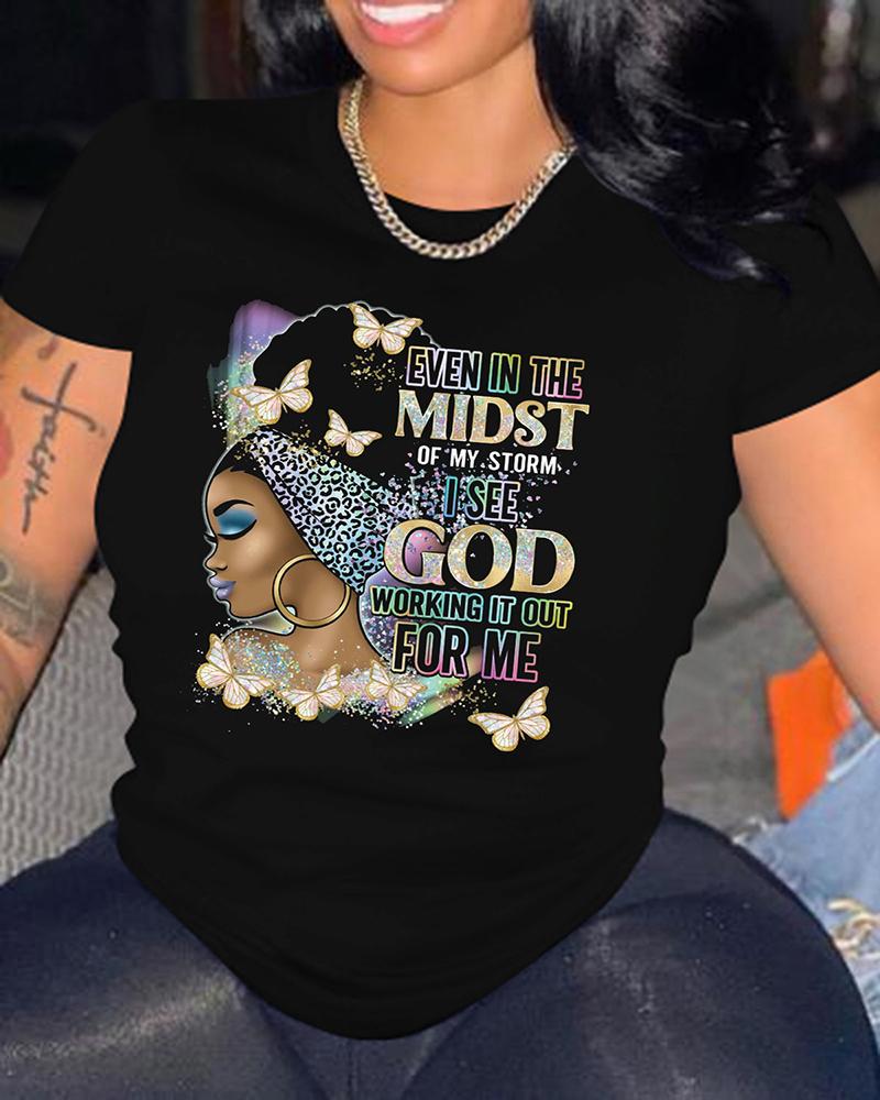 

Plus Size Figure Letter Butterfly Print Casual T-shirt, Black