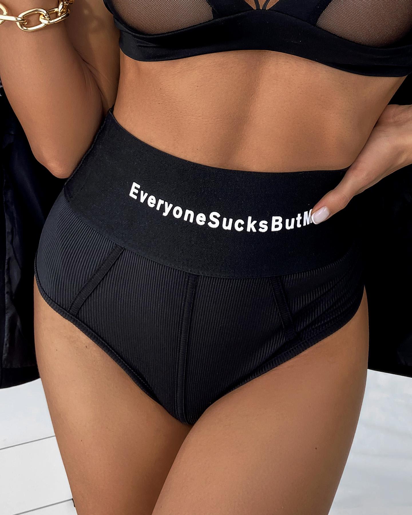

Everyone Sucks But Me Print Ribbed High Waist Panty, Black