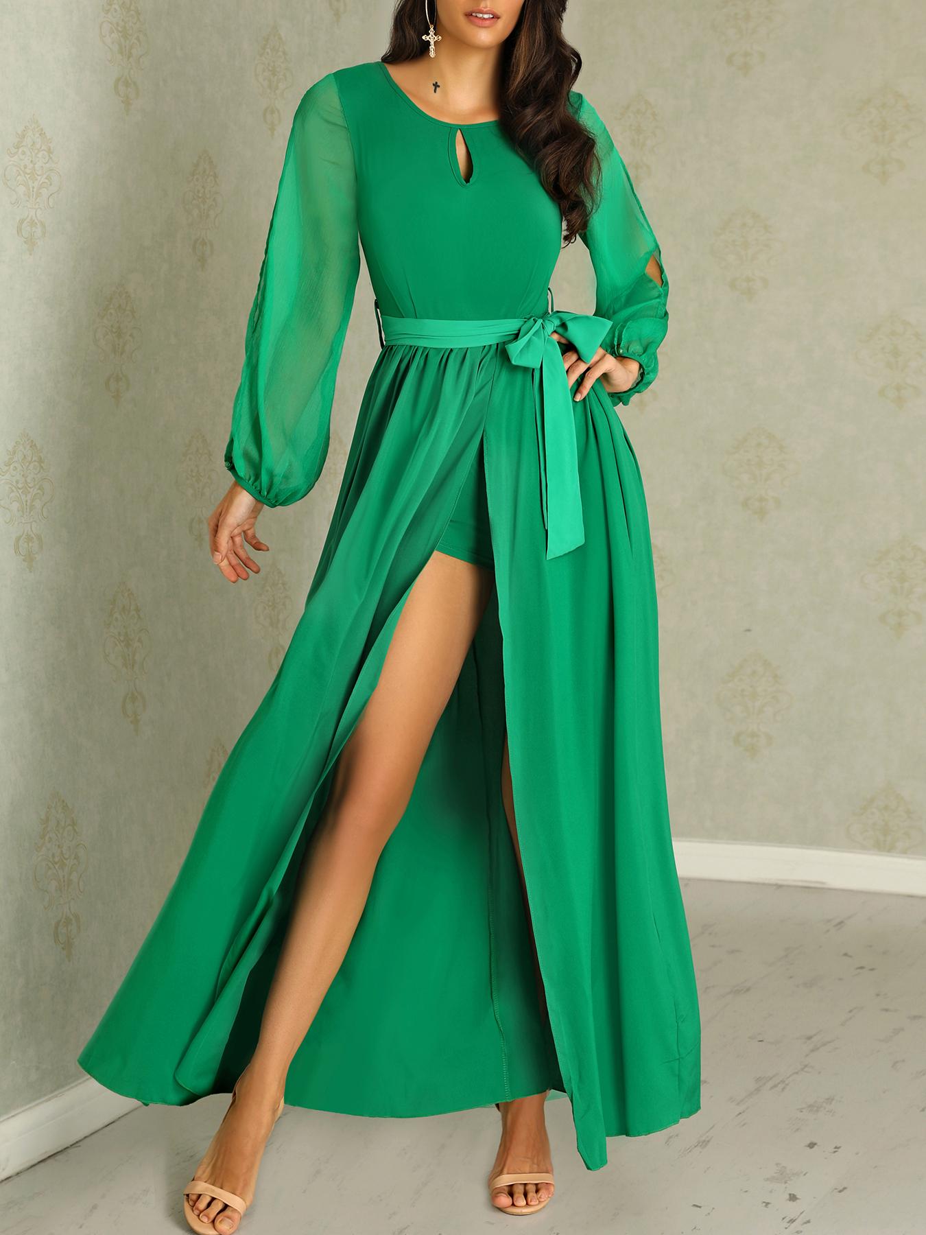 

Solid Split Sleeve Tied Waist High Slit Dress, Green