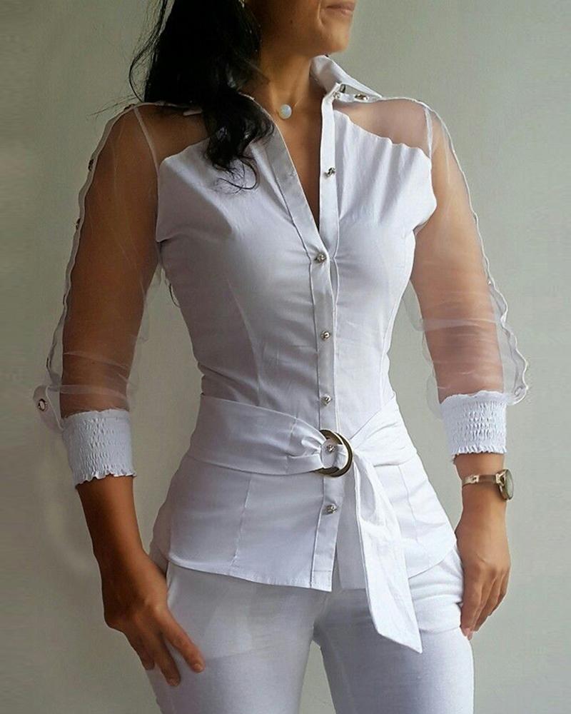 

Sheer Mesh Patch Buttoned Shirt, White