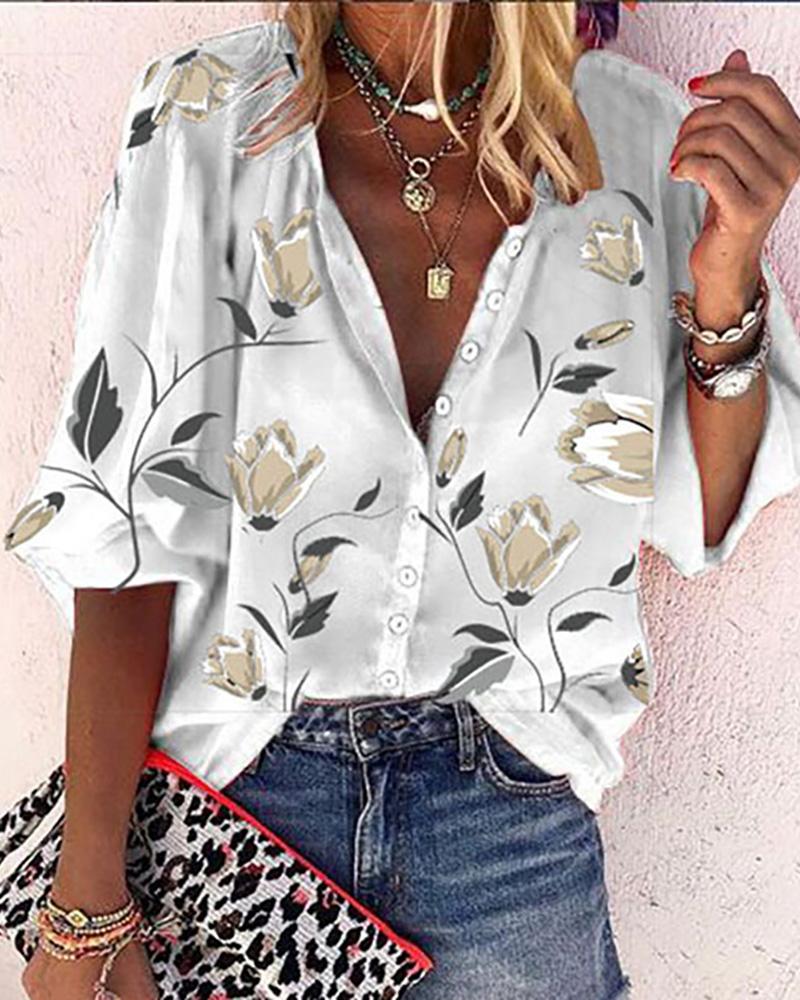 

Floral Print Button Front Lantern Sleeve Shirt, White