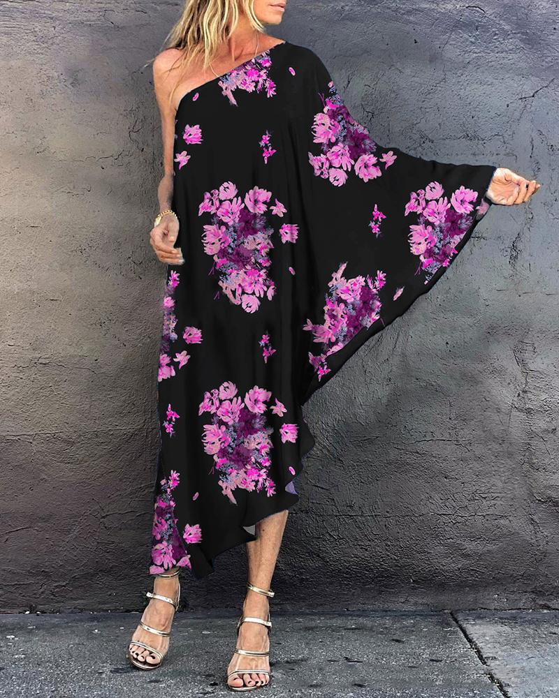 

Floral Print One Shoulder Asymmetrical Maxi Dress, Black