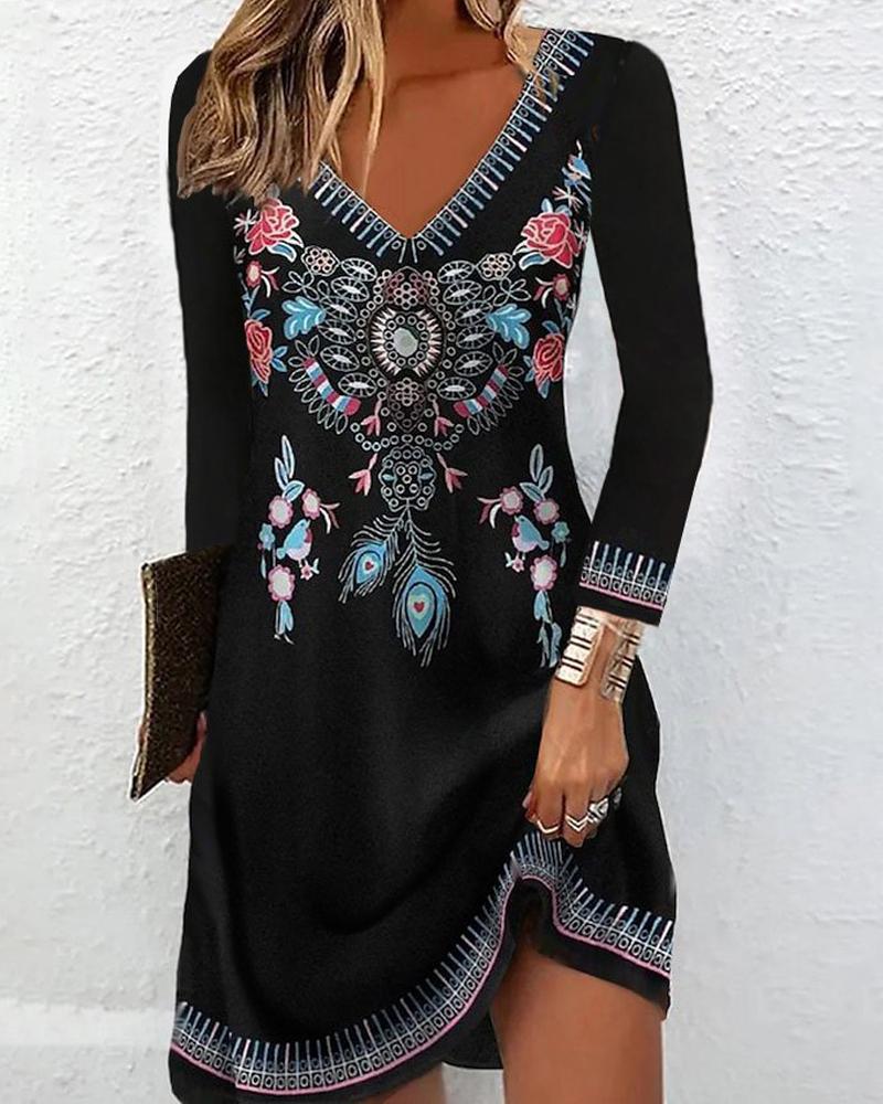 

Floral Tribal Print V-Neck Casual Dress, Black