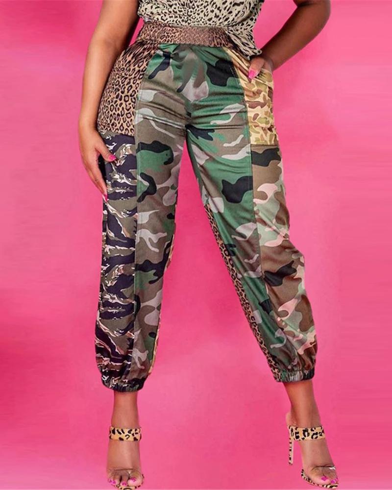

Leopard / Camouflag Print High Waist Pants, Green